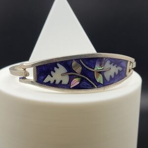 Purple Inlay Leaf Alpaca Mexican Silver Bangle Bracelet